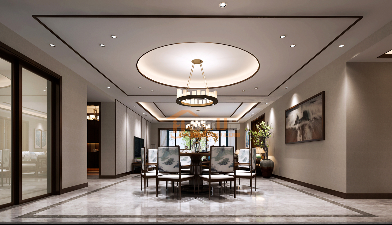 本案中客厅与餐厅相连，形成一个较长的空间。餐厅采用对称式的布局构设，白色搭配栗色铺陈整个空间，清新淡雅。